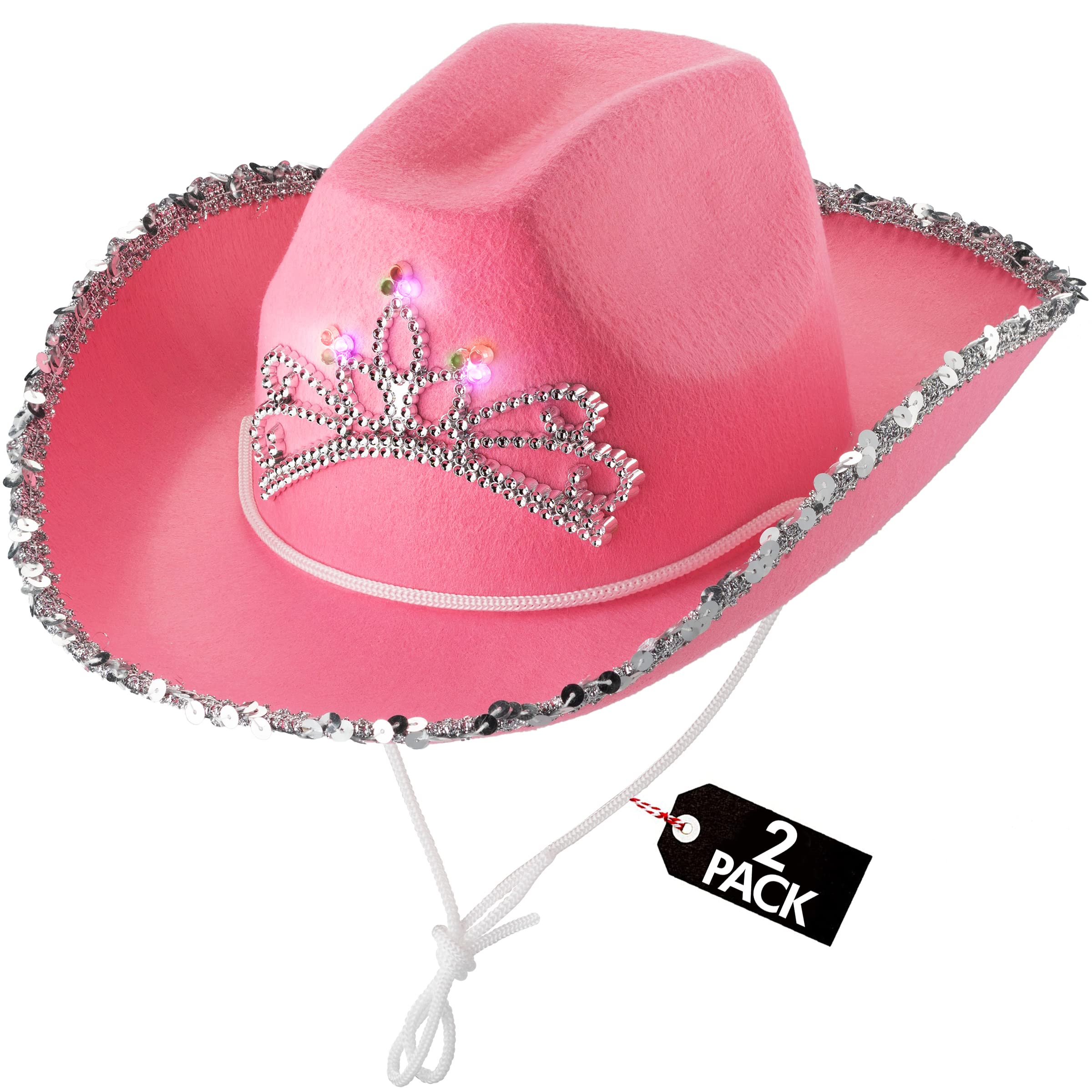Light Up Pink Cowgirl Hat for Girls - (Pack of 2) Kids Cowboy Hat with Blinking Tiara Sequin Trim Fringe and Drawstring, Felt Girls Pink Cowboy Hat Costume Party Accessory, Dress-Up, 6x7-Inch